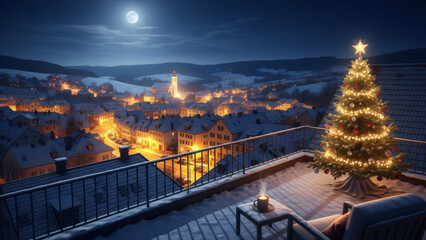Picturesque winter night scene from a snowy balcony, a glowing Christmas tree overlooks a festive village illuminated by moonlight