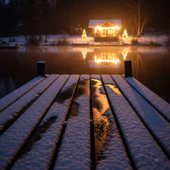 Snow-covered wooden dock leading to a warmly lit cabin reflecting its festive lights on a calm winter night