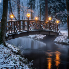 Warm glow of lanterns on a snow-covered wooden bridge crossing a tranquil stream in a peaceful winter night forest
