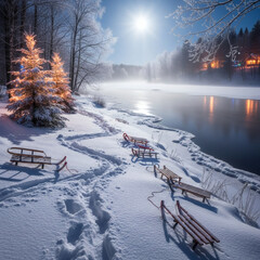 Enchanting winter night by a misty river, bathed in moonlight, a glowing festive tree, and traditional sleds resting on fresh snow