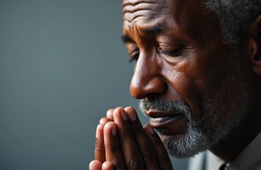 Elderly Black man with gray beard closes eyes, clasps hands in prayer. Finds deep spiritual peace, showing faith, hope, devotion. Older person reflects on beliefs, seeking guidance, expressing