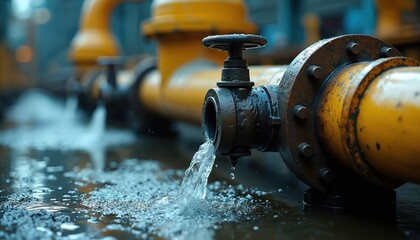 Water leaks from yellow rusty metallic pipe. Closeup view of flowing leak from old valve, flooding. Urgent repairs needed on pipeline. Water supply interruption. Utilities crisis demands damage