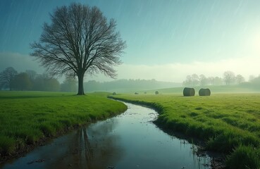 Rain falls on a vibrant green meadow with a large bare tree. A flooded stream flows through the wet pasture with hay bales. Misty countryside scenery after a downpour during the wet autumn season.