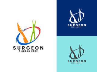 Surgeon with surgical scissors and abstract circle line logo design template. Surgeon logo design vector