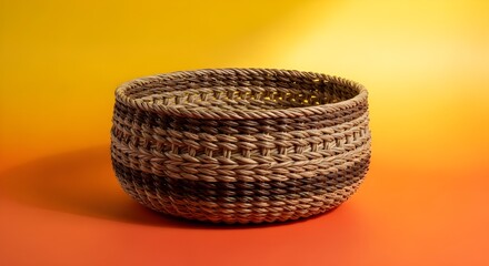Handwoven wicker basket with natural fibers on colorful background