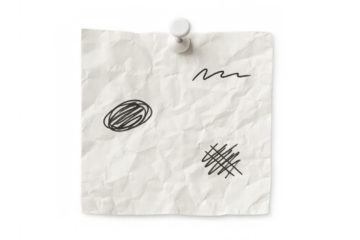 Wrinkled paper note with doodles pinned by a thumbtack, holding a message on transparent background