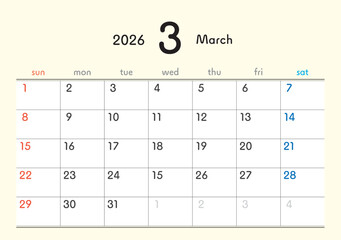2026年カレンダー3月