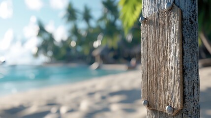 Fototapeta premium Close-up of a wooden sign attached to a post on a beach. The background features a blurred tropical landscape with a sandy beach, turquoise water, and palm tree