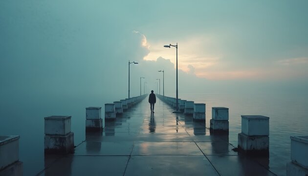 Lone figure walks long wet pier towards misty horizon. Lamp posts line dock. Calm water reflects blue sky, soft clouds. Person feels solitude, quiet, peace at dawn or dusk. Tranquil ocean scene.