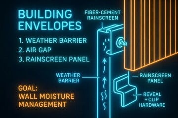 Rainscreen Layer Infographic with Moisture Management for Building Envelope Protection and Design
