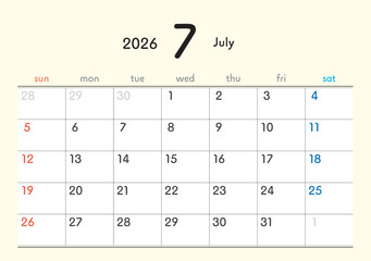 2026年カレンダー7月