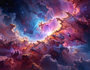 Obraz premium An ethereal cosmic vista depicting swirling nebulae of vibrant colors, stars scattered throughout the expansive canvas