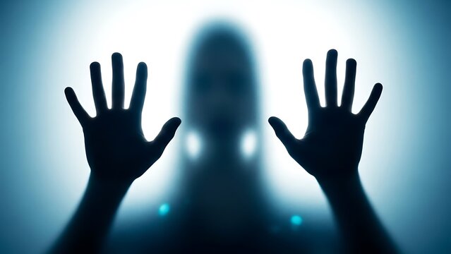 Silhouette of a person with hands pressed against a frosted glass barrier, conveying deep psychological distress, fear, and profound isolation in a mysterious blue light.