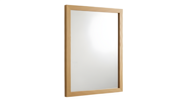 Tall rectangular wooden framed mirror reflecting light