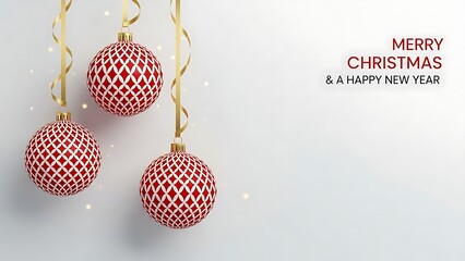Three red christmas ornaments hanging on gold string with merry christmas and happy new year text on white background