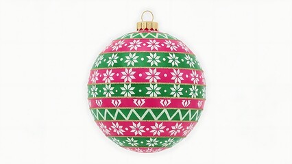 Colorful christmas ornament with pink and green stripes and snowflake patterns isolated on white background