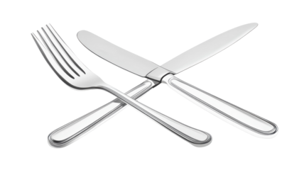 Stylish stainless steel fork and knife arranged elegantly on a white background for dining preparation or table setting.