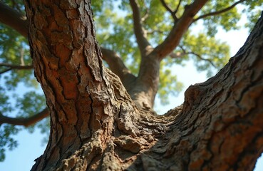 Worms eye view of a mighty oak tree trunk with rough textured bark. Massive branches spread towards the sunny blue sky. Close up shows the natural wood pattern with lush green leaves in a forest.