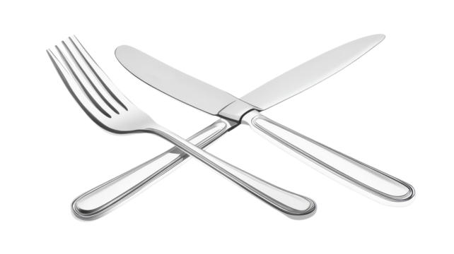 Stylish stainless steel fork and knife arranged elegantly on a white background for dining preparation or table setting.