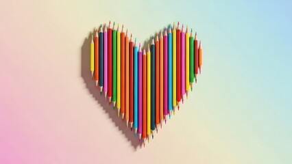 Vibrant colored pencils form a heart shape against a soft pastel gradient background. Creative and artistic theme perfect for education or love concepts.