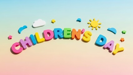 Brightly lit foam letters spell 'CHILDREN'S DAY' on a pastel gradient background with sun, clouds, and stars. A cheerful and festive celebration concept for children.