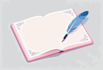 Naklejka premium A pink book with floral accents and a blue feather quill, lying open on a gray background