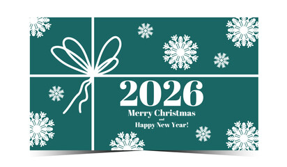 Winter snowflake greeting card for 2026 holidays,Transformative teal .2026 Merry Christmas and Happy New Year vector card