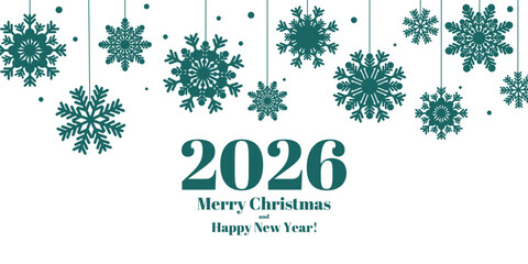 Christmas card in trendy turquoise with large snowflakes. 2026 Christmas and New Year Greeting Card with Snowflakes