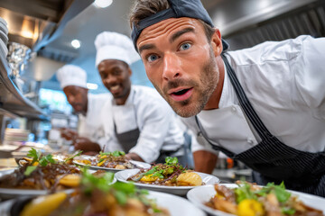 Surprised chef looks at plated food in a commercial kitchen