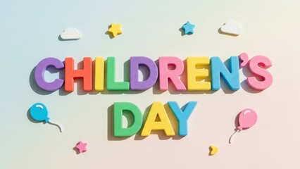 Obraz premium Brightly lit flat lay of 'Children's Day' spelled out in vibrant foam letters against a soft gradient background, adorned with playful clouds, stars, and balloons, evoking joy and celebration.