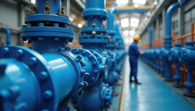 Blue industrial pipes connect inside a factory. A worker in blue overalls and yellow hard hat inspects pipes on assembly line. Manufacturing, engineering, supply chain concept.