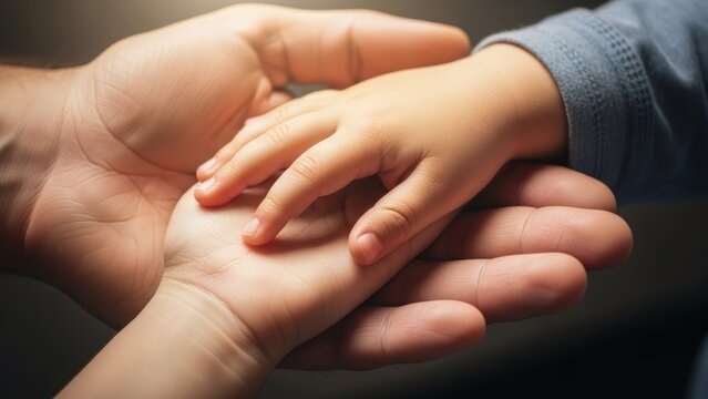 Close-up of a tender adult hand gently cradling a small child's hand, symbolizing protection, love, and family bonds in soft, warm lighting.