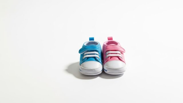 A vibrant pair of blue and pink baby shoes, symbolizing new life, gender reveal, or twins, stand side-by-side on a clean white background in a bright studio shot.