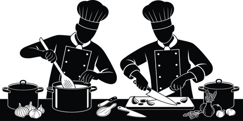 Silhouette of two chefs cooking in kitchen, stirring pot and chopping vegetables, professional culinary team vector illustration.
