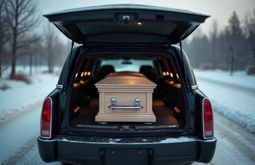 Obraz premium Light wooden coffin sits inside open trunk of black hearse car. Vehicle waits on snowy road in winter landscape. Scene shows funeral ceremony transportation service. Burial casket ready for grave