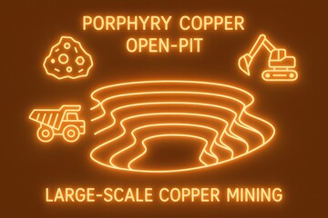 Neon Copper Mining Infographic with Extraction Process for Industrial Metal Production
