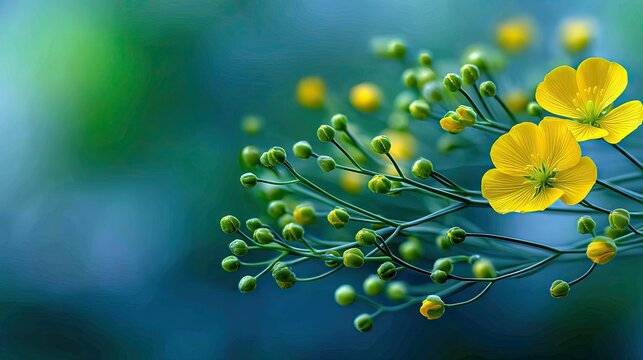 Close-up of vibrant yellow flowers with green buds and stems against a blurred background, showcasing natural beauty and soft lighting.