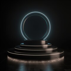 Minimalist Neon Circle on Tiered Platform, Dark Background, Modern Abstract Design.