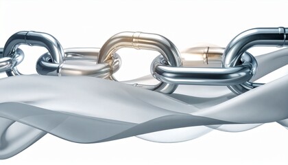Obraz premium Metal chains interlinked with silver ribbon creating a dynamic visual effect in a bright setting