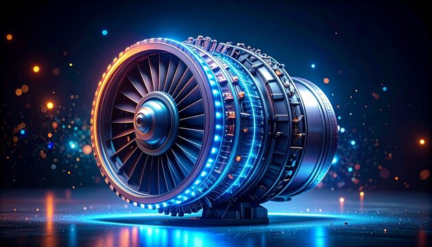 High-tech jet engine model illuminated by colorful lights on a dark background