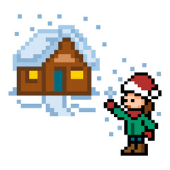 Fototapeta premium Pixel art winter cabin with snow and kid waving
