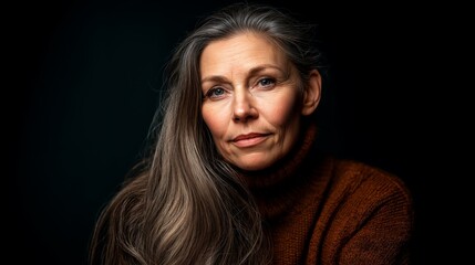 Fototapeta premium Timeless Beauty: Captivating portrait of a mature woman with long, flowing gray hair, exuding grace and poise against a rich, dark backdrop. She gazes with gentle eyes.