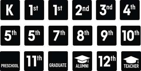 Set of black and white educational grade level icons including preschool, kindergarten, and numbered grades up to twelfth