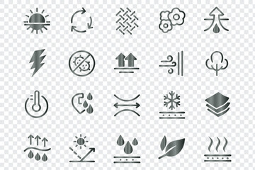 A comprehensive set of vector icons for fabric features, material properties, and textile qualities