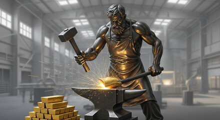 The country's gold reserves. A blacksmith forges gold bars on an anvil and deposits them in a bank vault.