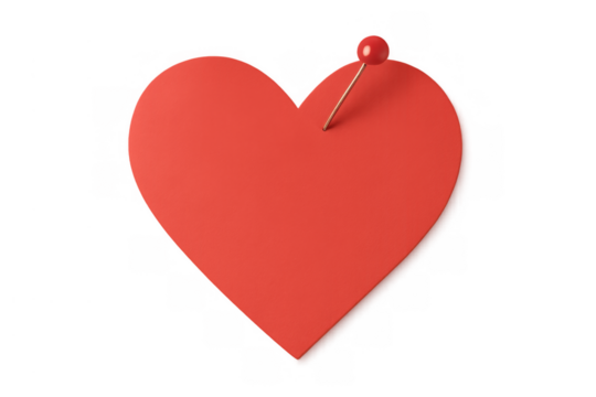 Red heart shaped paper with a pushpin, pinning a love message reminder or important romantic note