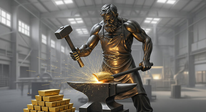The country's gold reserves. A blacksmith forges gold bars on an anvil and deposits them in a bank vault.