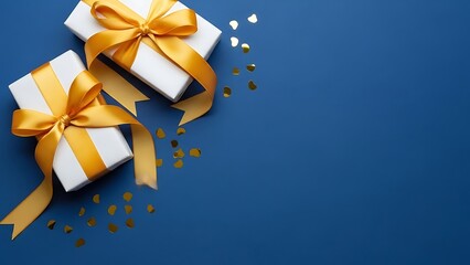 White gift boxes with golden ribbons and bows, scattered heart confetti, presented on a rich blue background, ideal for celebrations, promotions, and festive greetings.