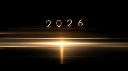 Golden glowing year 2026 illuminated with bright light streaks against a dark abstract background