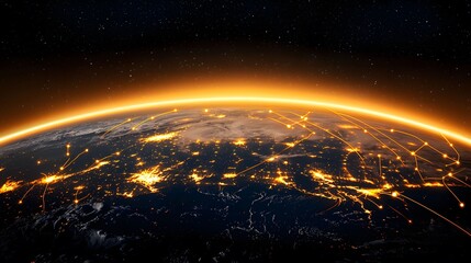 This image shows planet Earth at night with bright city lights, an orange atmosphere layer, and light streaks connecting city lights and reaching out into space and a starry sky.